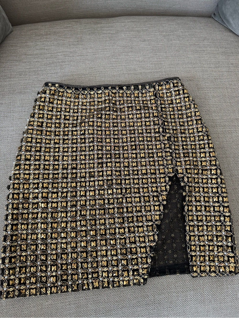 Maje Black and Gold Tweed Mini Skirt with Side Slit